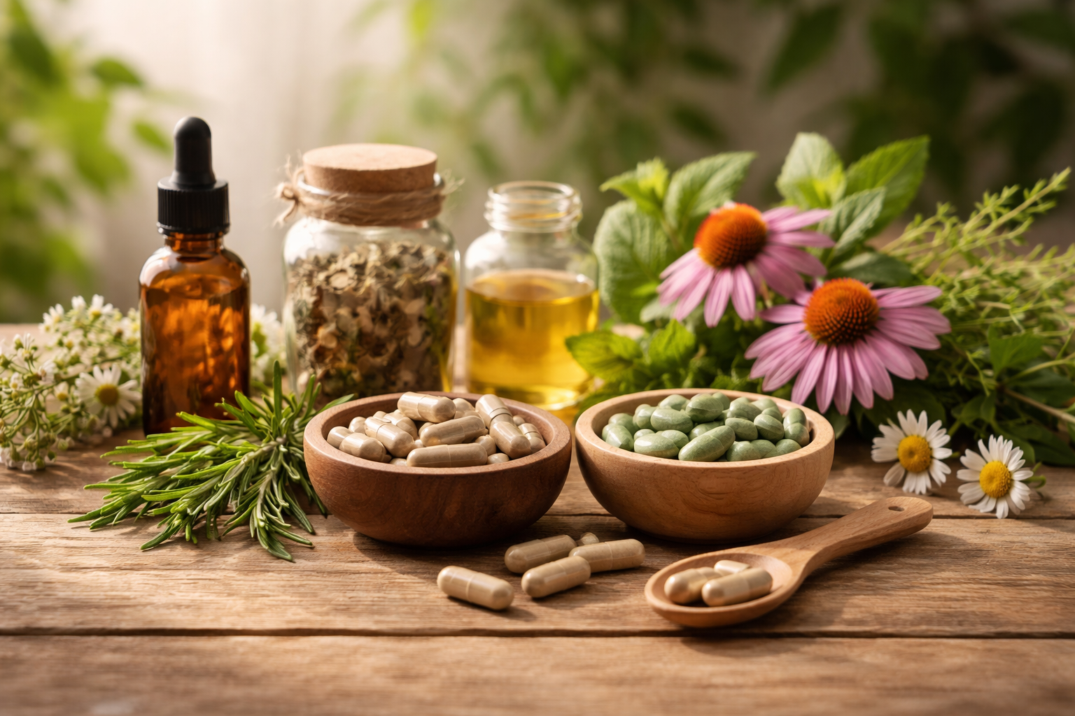 natural herbal supplements and plants on wooden table with soft morning light, peaceful wellness atmosphere, minimalist composition