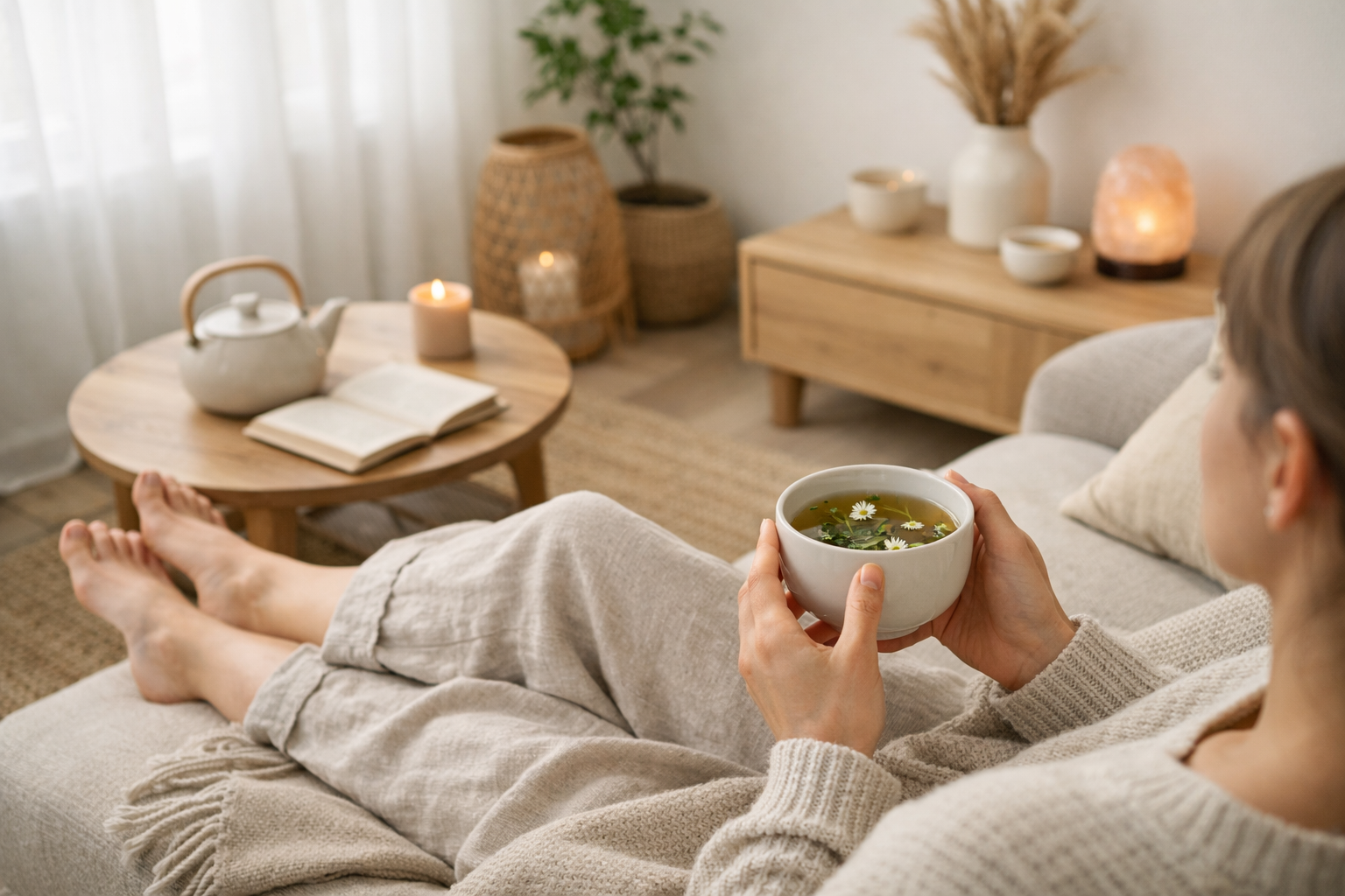 person relaxing with cup of herbal tea in cozy natural light room, calm wellness lifestyle, minimal modern interior